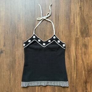 Ann Taylor LOFT Black White Sweater Knit Halter Top Boho Cotton Small
